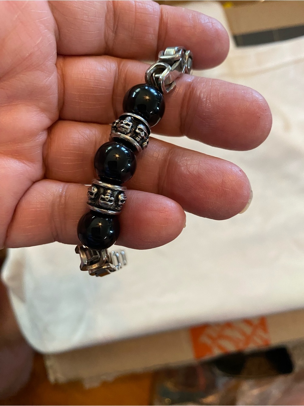 Black Bead Bracelet with Silver-Tone Skull Accents — Women’s Jewelry